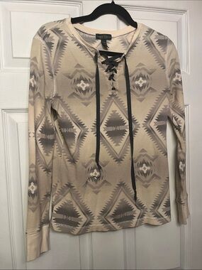 American Eagle Outfitters Beige Aztec Lace-Up Long Sleeve Tee with Gray Print
